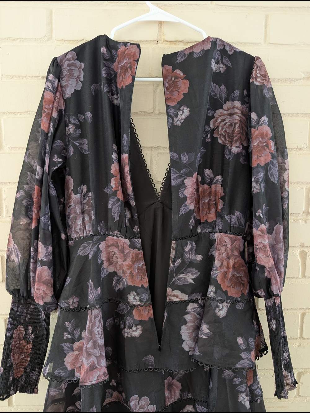 Keepsake M Oblivion Floral Tiered V-Neck Mini Dress Black with Mauve Roses - Picture 8 of 8